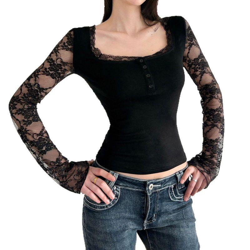 2026 Summer New American-Style Personality Spicy Girl Sexy Long-Sleeve T-Shirt with Lace Splicing and Hollow-Out Black Square-Neck Top
