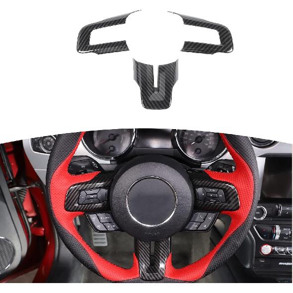 RT-TCZ Carbon Fiber Steering Wheel Decoration Interior Trim Kit Accessories for 2015-2022 Ford Mustang