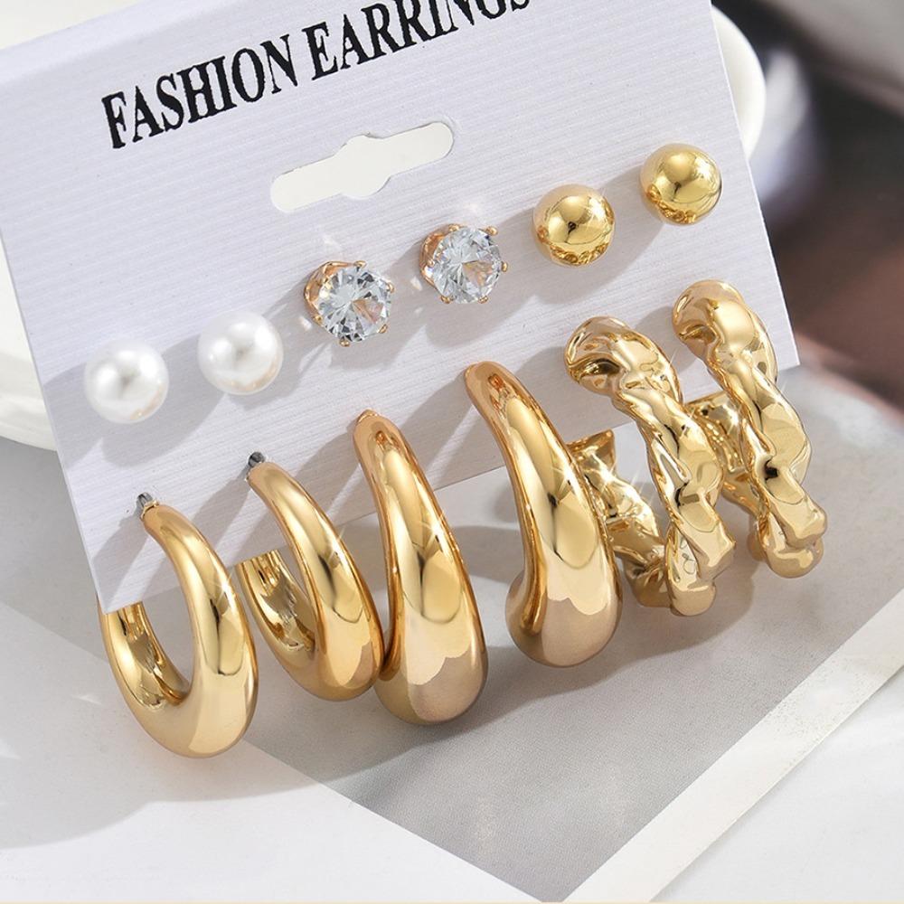 6pc Set Simple Personality Gold Color Irregular Geometry Water Drop C Shape Stud Earrings for Women Jewelry Sets Accessory Gifts