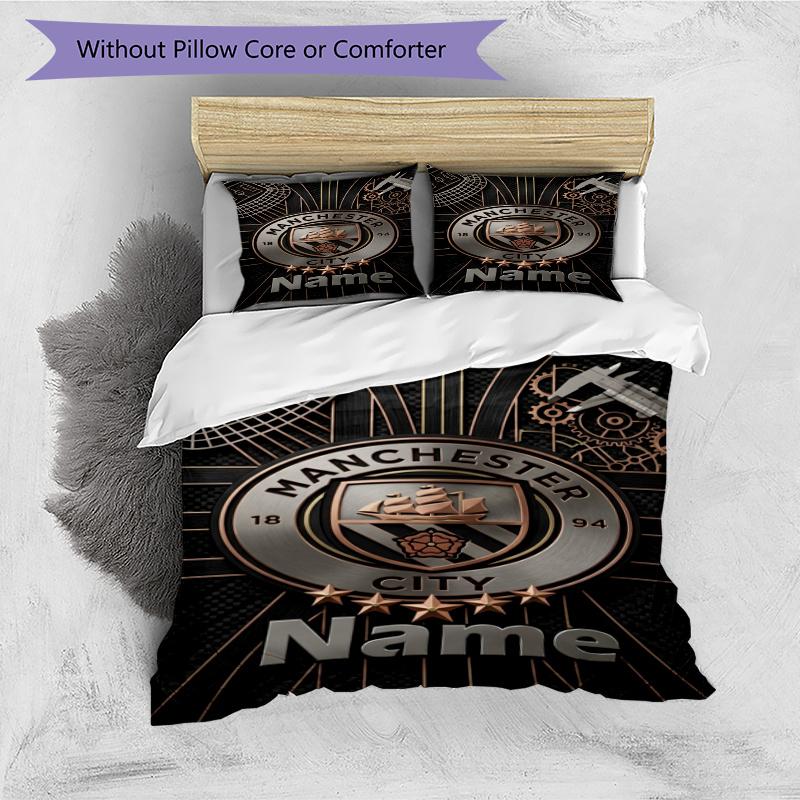 3pcs Duvet Cover Set (1*Duvet Cover + 2*Pillowcase, Without Core), Custom Name Manchester City Pattern Bedding Set, Home Bedroom Decor Gift