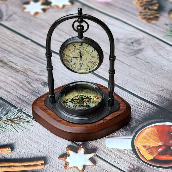 17.78 Cm Retro Table Clock with Nautical Compass, Christmas Present, Anniversary Gift, Keepsake, Tabletop Décor