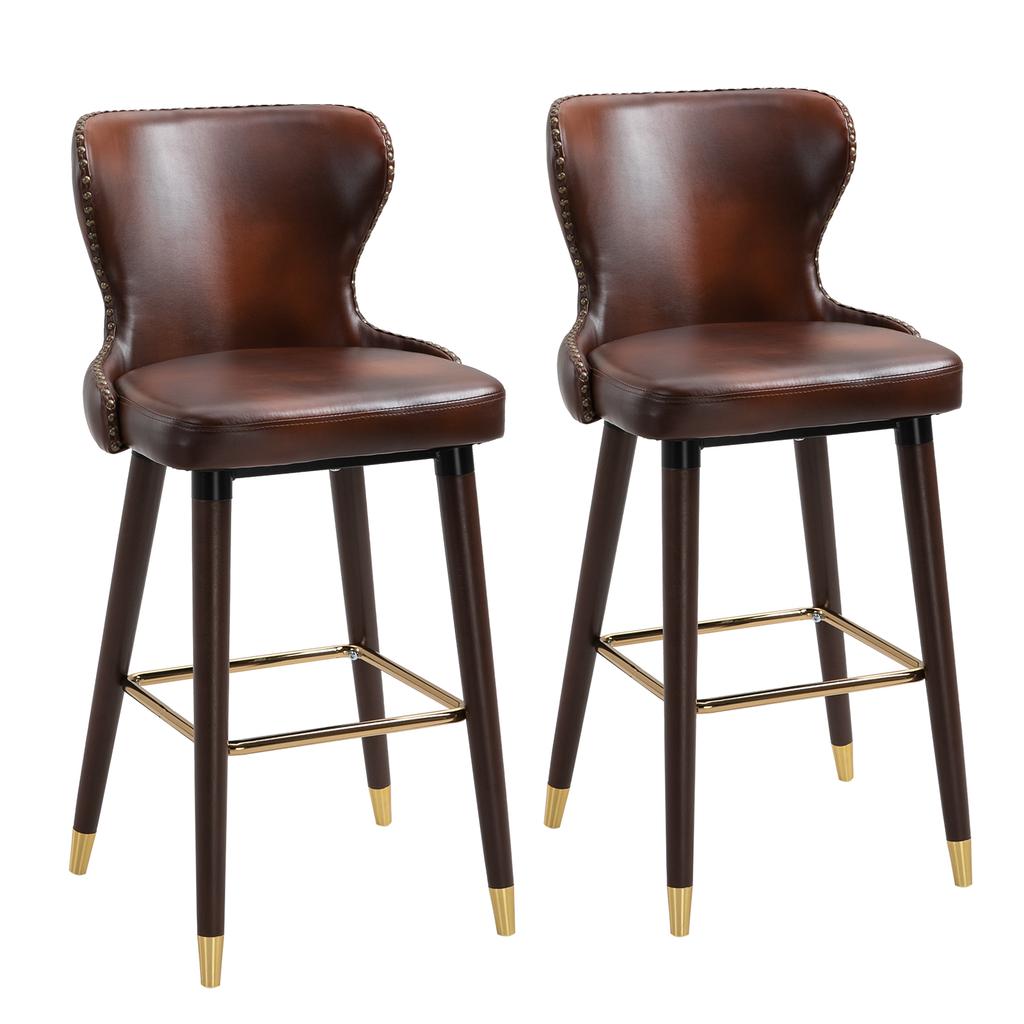Set da 2 Sgabelli da Bar con Poggiapiedi, Sgabello da Bar con Schienale, Sgabello da Bistrot, Sedia da Pranzo, Sgabello da Bancone, Ecopelle, Marrone, 52 x 53 x 101 cm