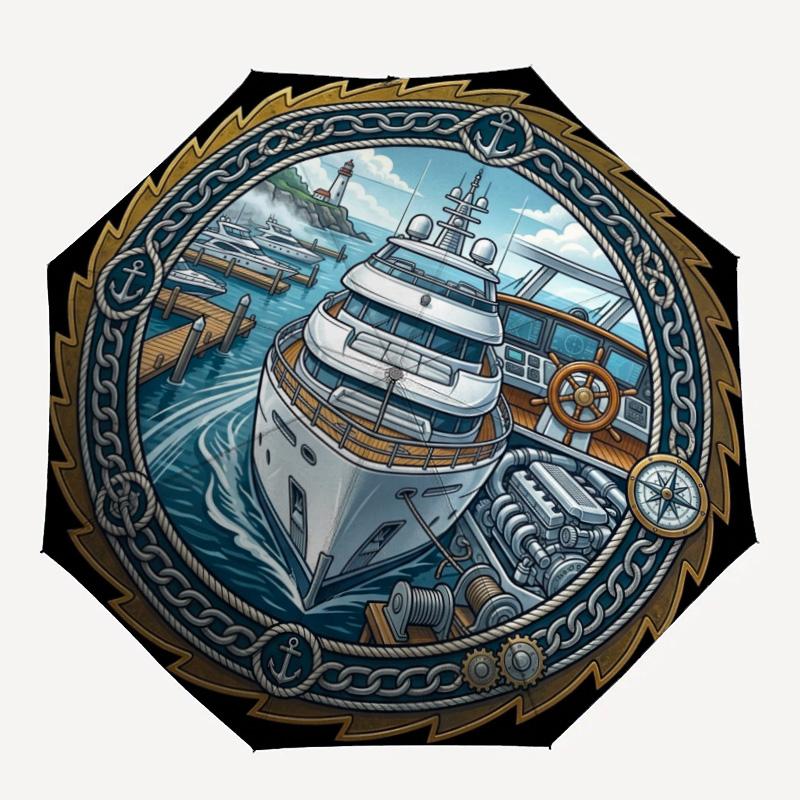 Nautical Luxury Yacht Journey Pattern Umbrella, Portable and Foldable Design, 8 Ribs, a Casual Accessory for Halloween, Christmas, and Birthday Gifts.