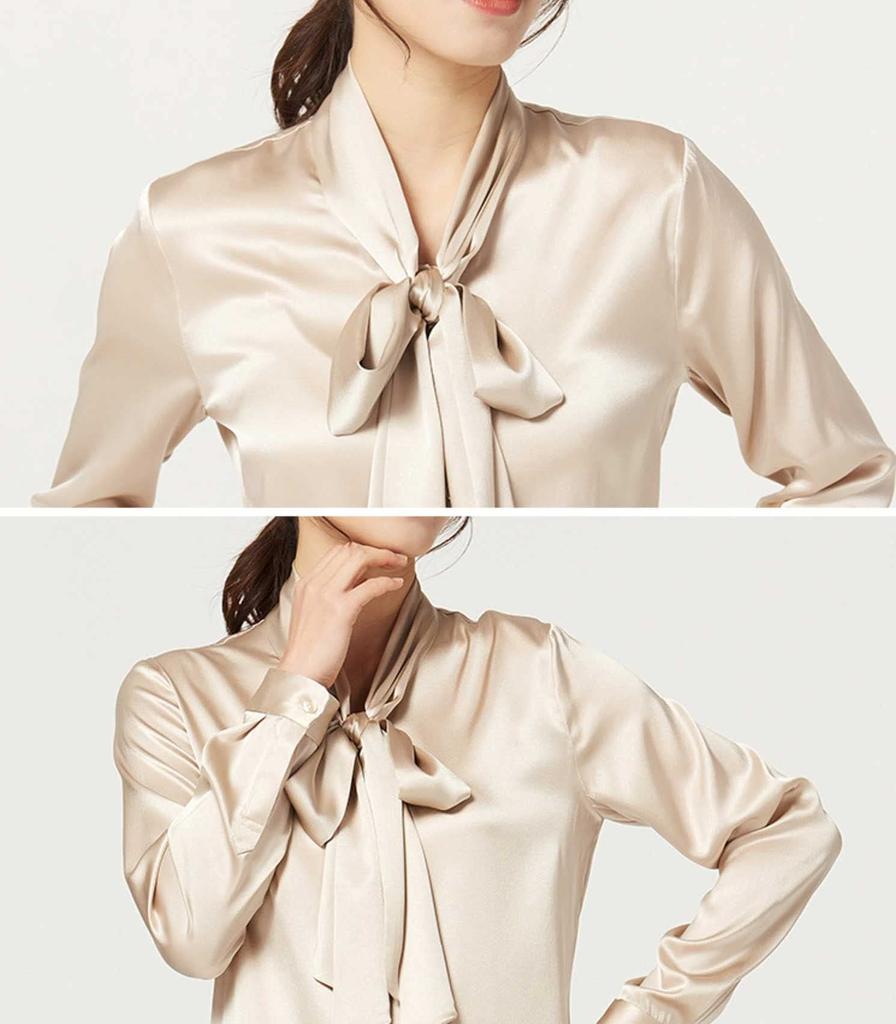 MAYUDAMA Silk Heavy Silk Blouse with Bow Tie and Large Long Small and Large Choice of Sizes and Colors Champagne Ribbon, Spring/Autumn, Sleeve,
