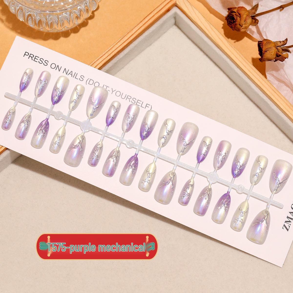 

T575# Фиолетовый Европейский и Американский Стиль Короткий Миндаль Аврора Градиент Кошачий Глаз Накладные Ногти Full Strip M/M/M