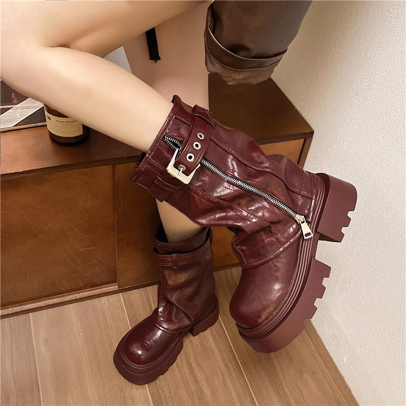 Botas de Cano Curto Punk de Inverno para Mulheres com Fivela de Cinto Fashion Plataforma Sola Grossa Sapatos Femininos Modernos Botas Curtas Para Mulher