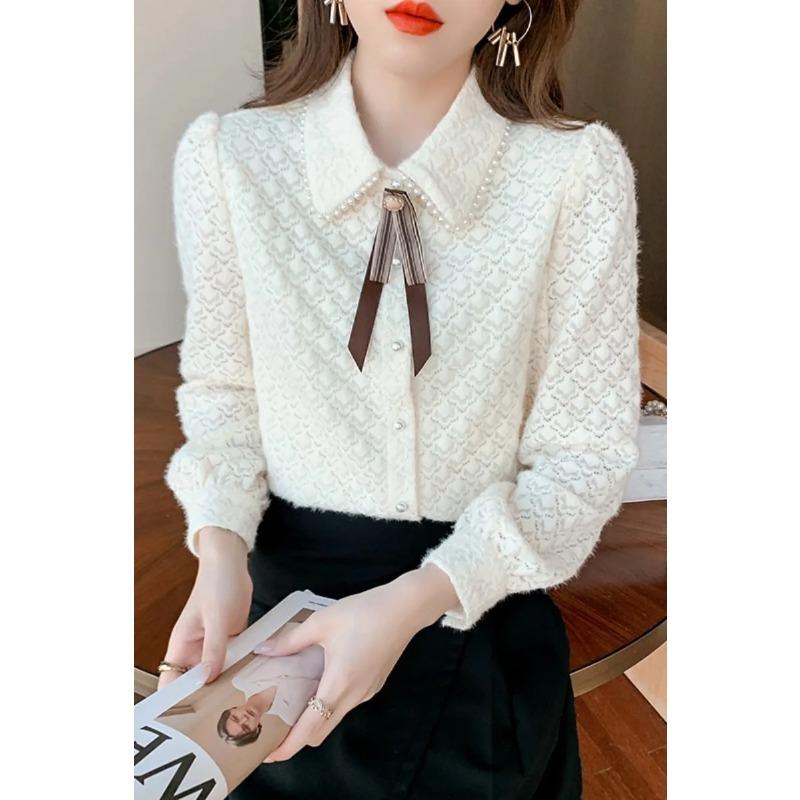 

Женская рубашка с бантом, модный топ в иностранном стиле, французское кружево, бархатная базовая рубашка, весна и осень, нижнее белье 3XL