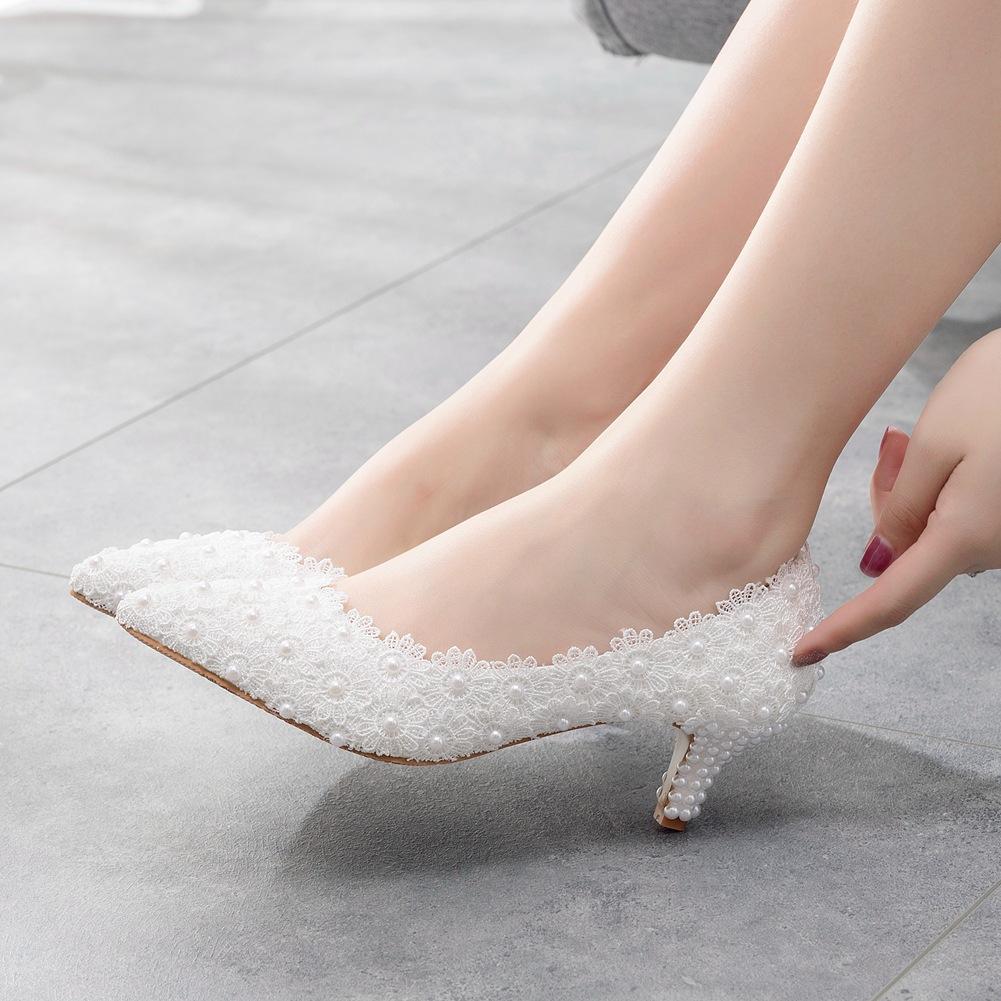 Large Size 5 Cm Lace High Heels Slim Heels Wedding Shoes Work Pointed Toe Bridesmaid Shoes Annual Meeting Photo Shoes
