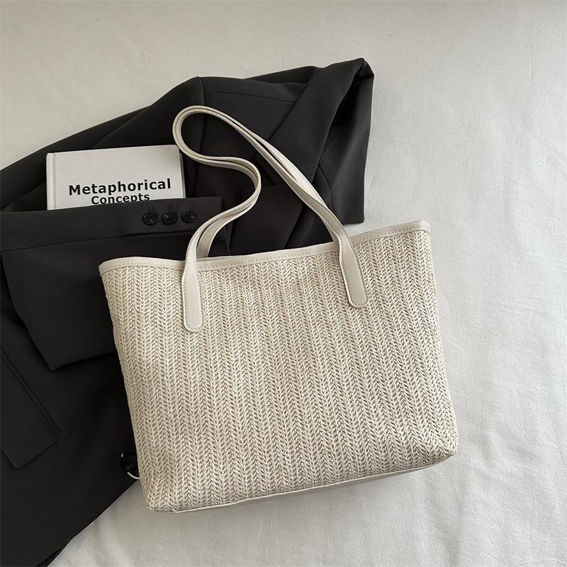 

Простая и вместительная сумка из соломы, женская, 2025 года, новая универсальная сумка через плечо в иностранном стиле, популярная плетеная сумка-тоут белый