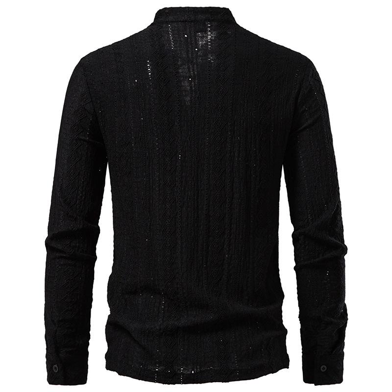 Men's Lace-Up Stand Collar Textured Shirt Long Sleeve Casual Retro Top for Men Spring Autumn Fashion Multi-Color Male Blouse