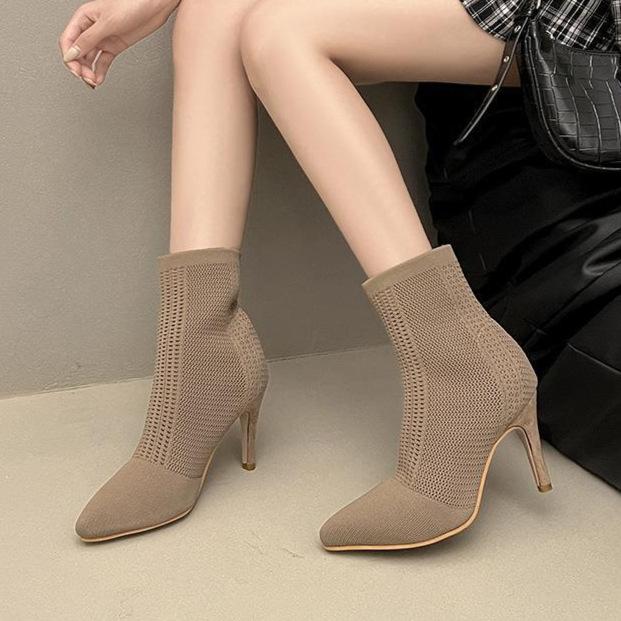 2025 New fly-woven fabric slim boots large size women's shoes thin heel pointed tip time trade comfortable high heels fashion women's boots