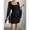 Women's Skirt Flared Sleeve Split Split Solid Color Lace Splicing Square Neck Slim Hip Wrap Dress