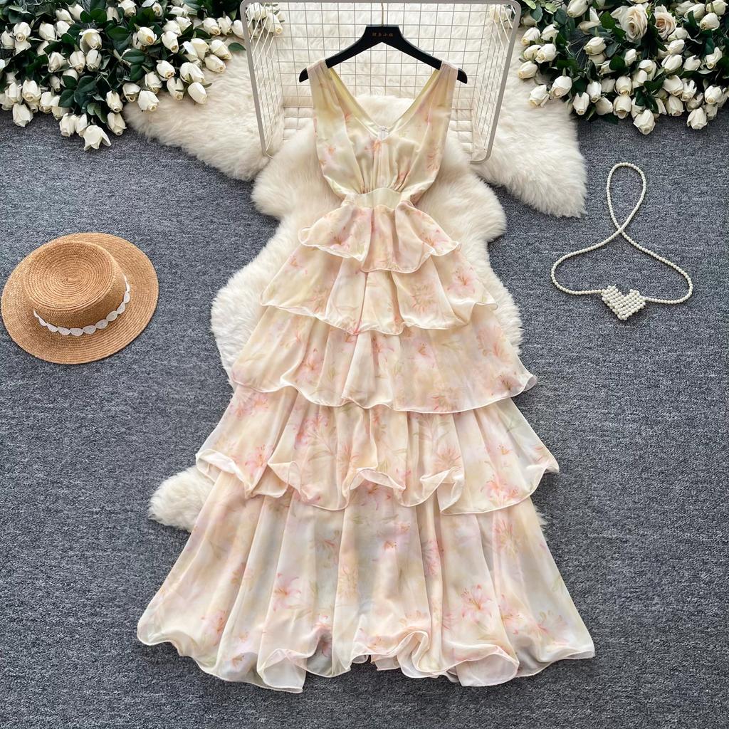Summer Vacation Floral Printed Halter Chiffon Tiered Maxi Dress for Women Sexy V-Neck Backless Lace-up Ruffles Holiday Long Dress