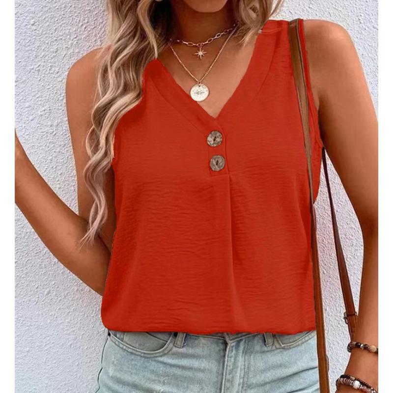 Womens V Neck Sleeveless Tank Top With Button Detail Casual Loose Fit Solid Color Cami Blouse