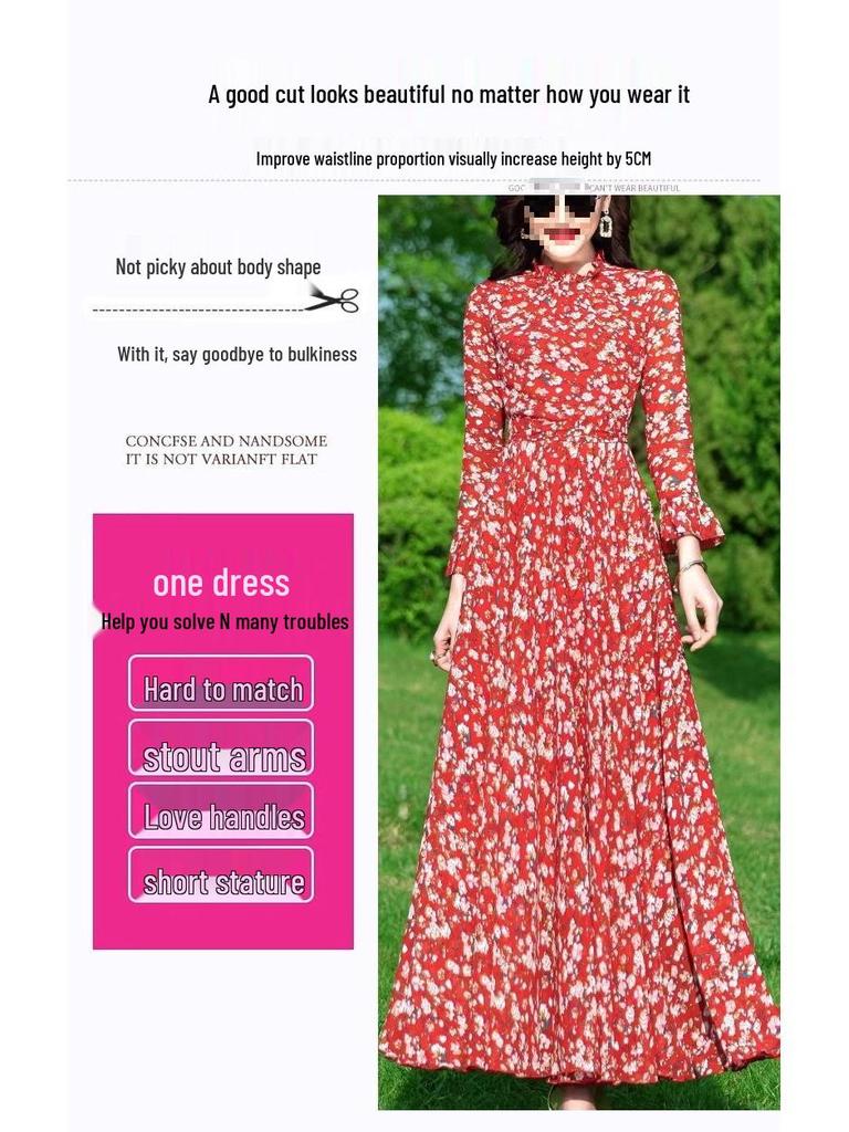 Floral Chiffon Long Sleeve Maxi Dress for Women - Spring/Autumn Slim Fit