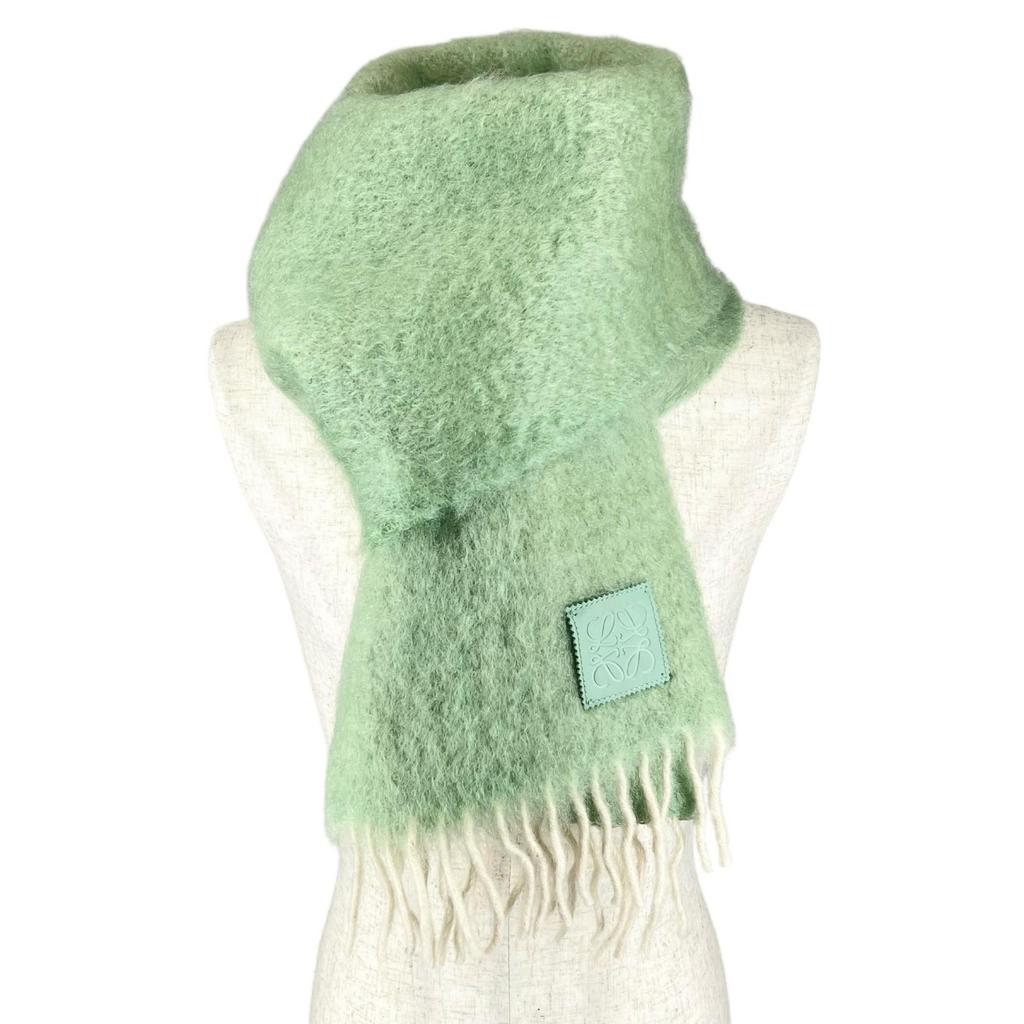Excellent LOEWE Scarf Anagram Leather Patch Fringe green mohair Women Used
