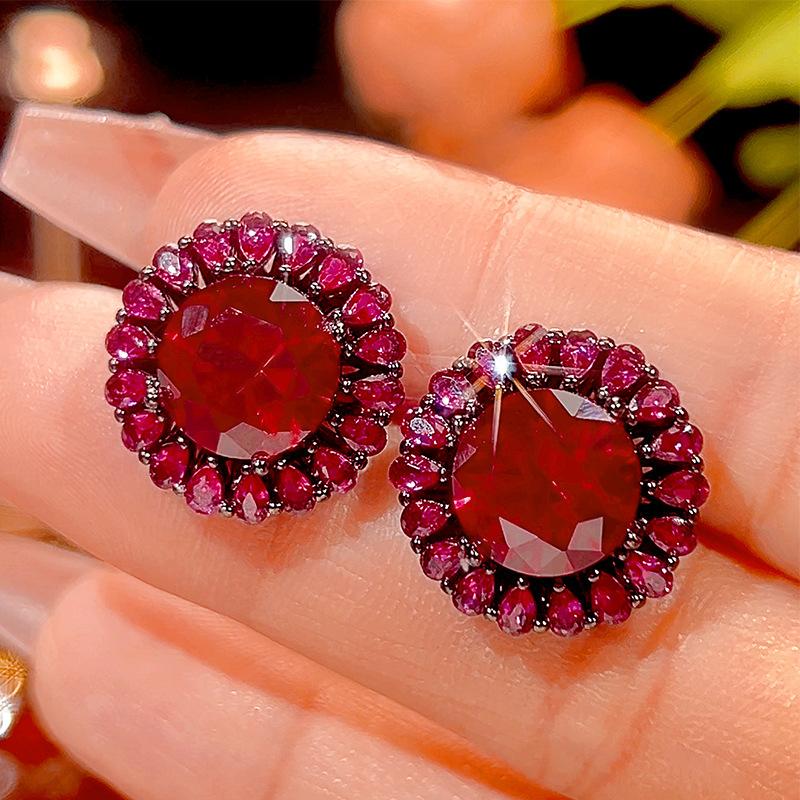 Autumn and Winter New Huabi Jewelry Copper Bottom Gold-plated Simulation Red Corundum Advanced Black Gold Set Main Stone 16-10m