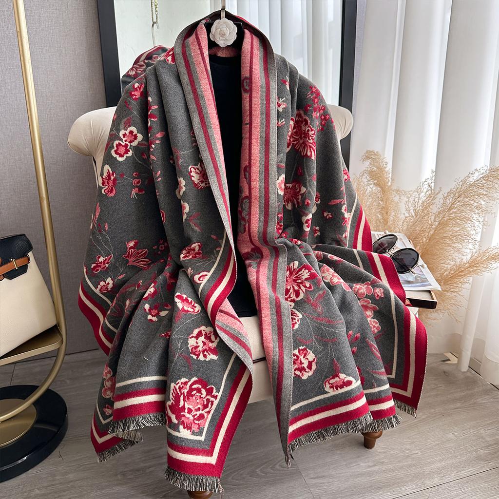 Women'S Thick Warm Winter Floral Printed Imitation Cashmere Pashmina Scarf Shawl Lady Wrap Knitted Foulard Blanket