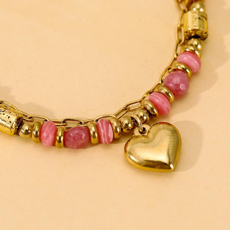 Bohemian Double Layer Natural Stone Beaded Heart Stainless Steel Bracelet For Women