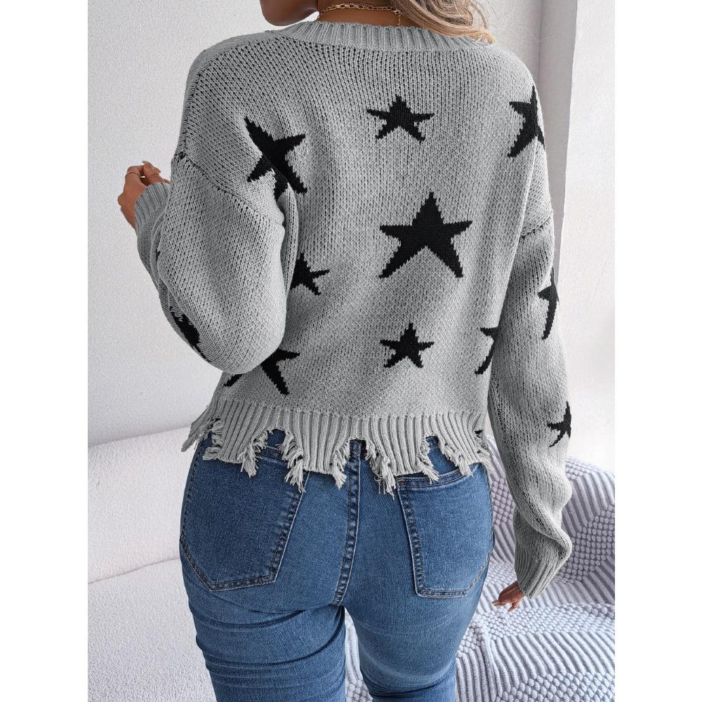 Autumn/Winter Casual V-Neck Star-Print Distressed Long-Sleeved Knitted Pullover for Women