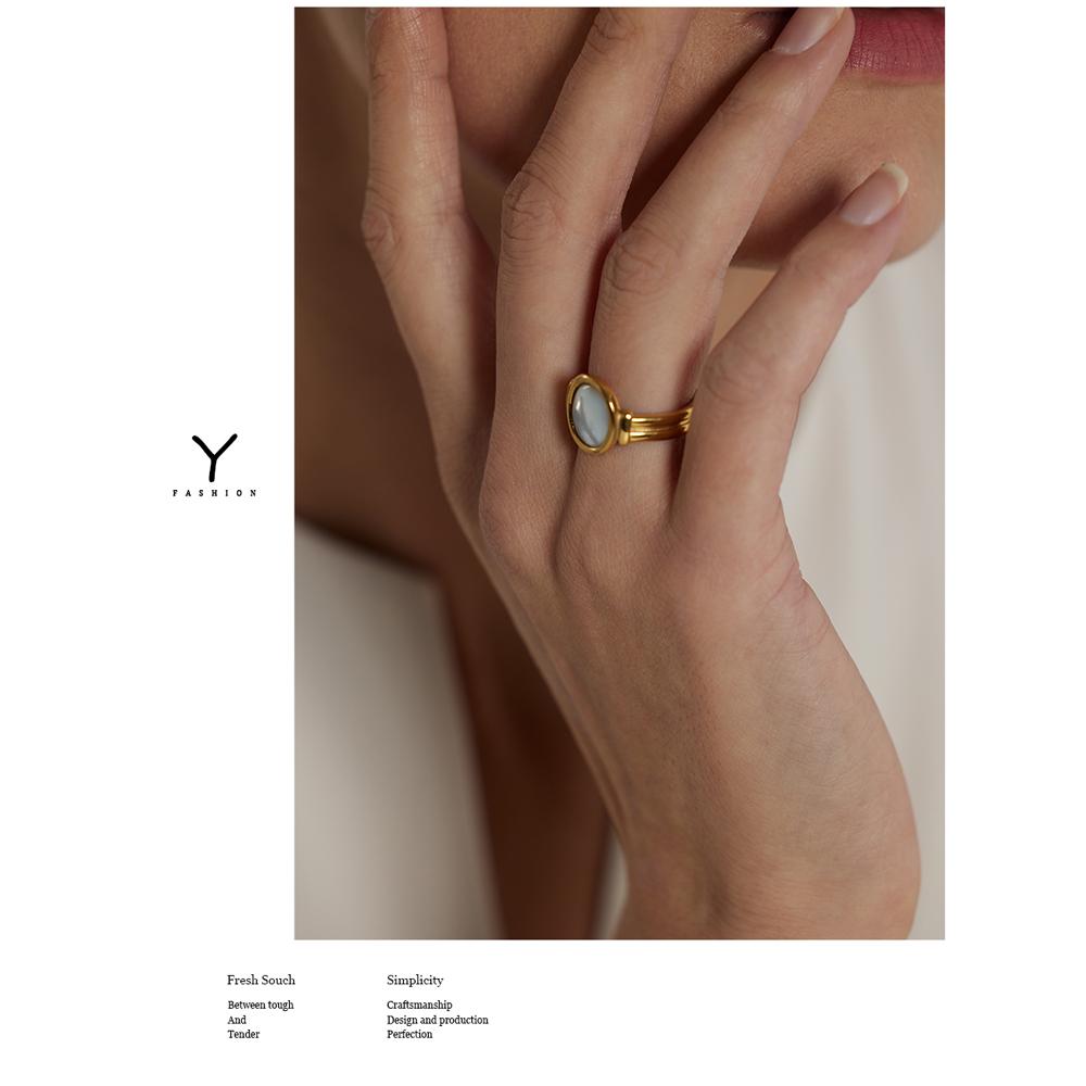 Yhpup Stainless Steel Natural Shell Ring New France Metal Gold Color Round Finger for Women Temperament Jewelry Anillos Mujer