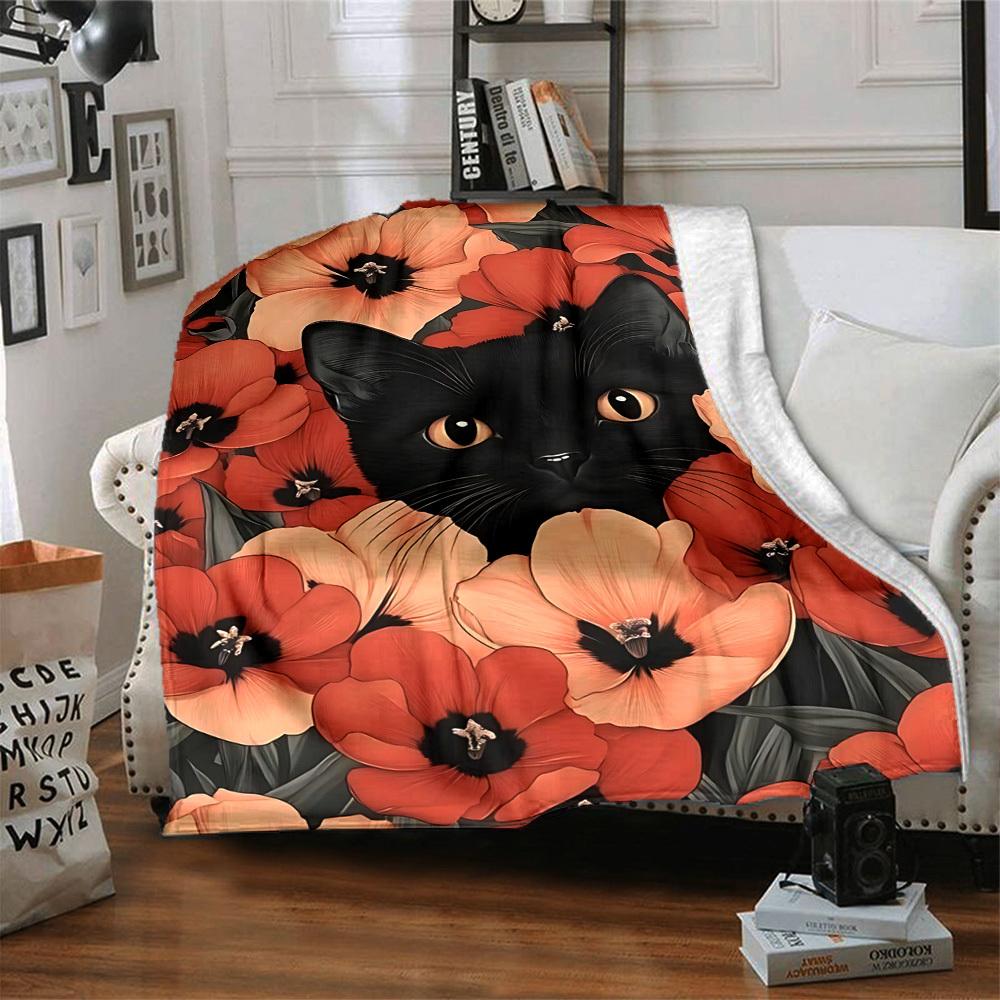 1PC Black Cat Print Blanket, Throw For Sofa, Bed, Travel, Printing Blanket With Soft And Warm Fabric Yy250918206