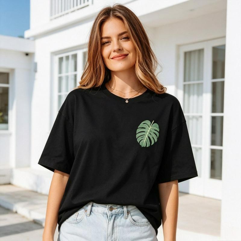 Simple Monstera Leaf Pattern Tshirt Fashion Summer Casual Tee Soft Loose White Black Top For Everyday Street Wear
