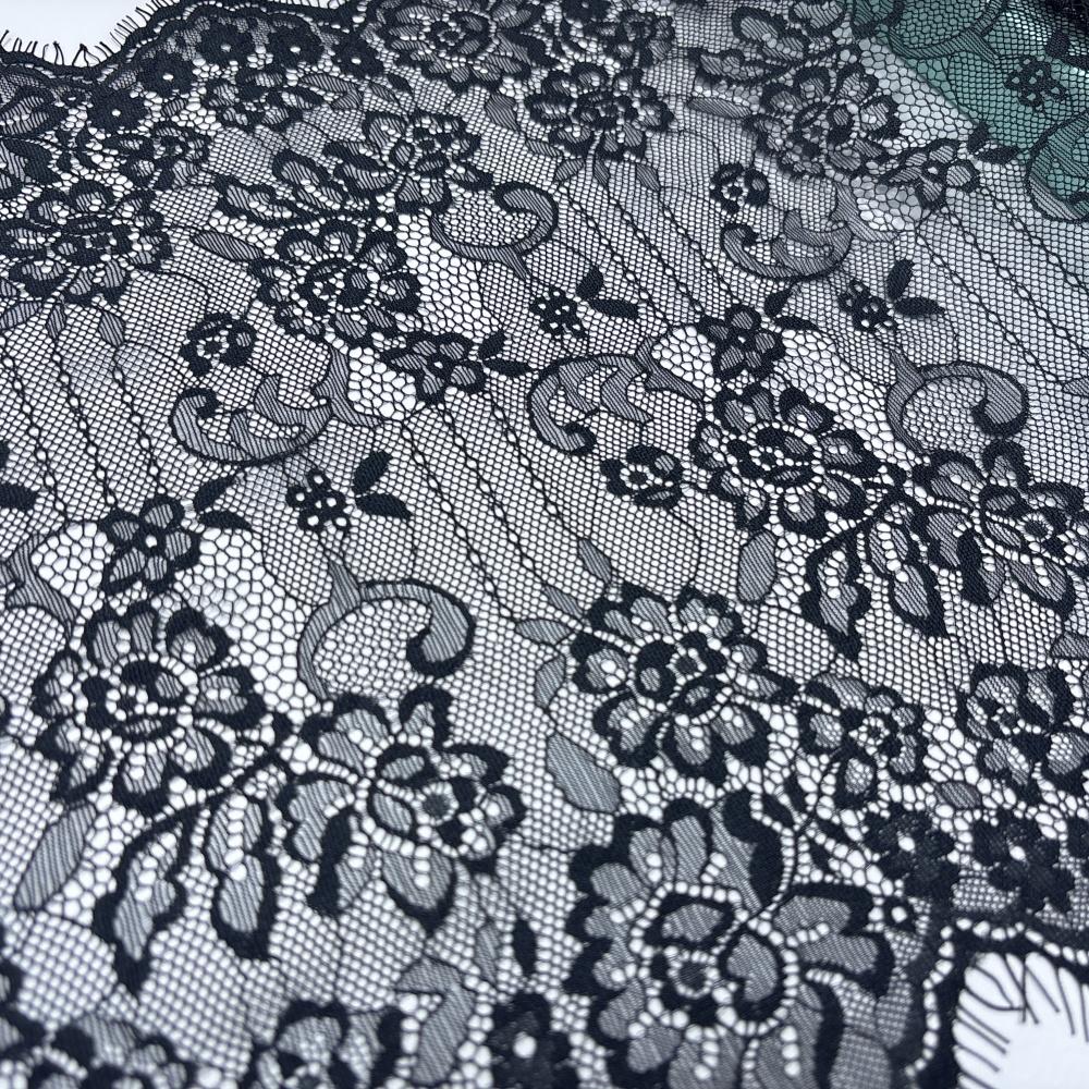 French Chantilly Lace, 3m x 37cm, Non-stretch Black Eyelash Lace Fabric for Lingerie, Underwear, Dress, Sewing & Crafting