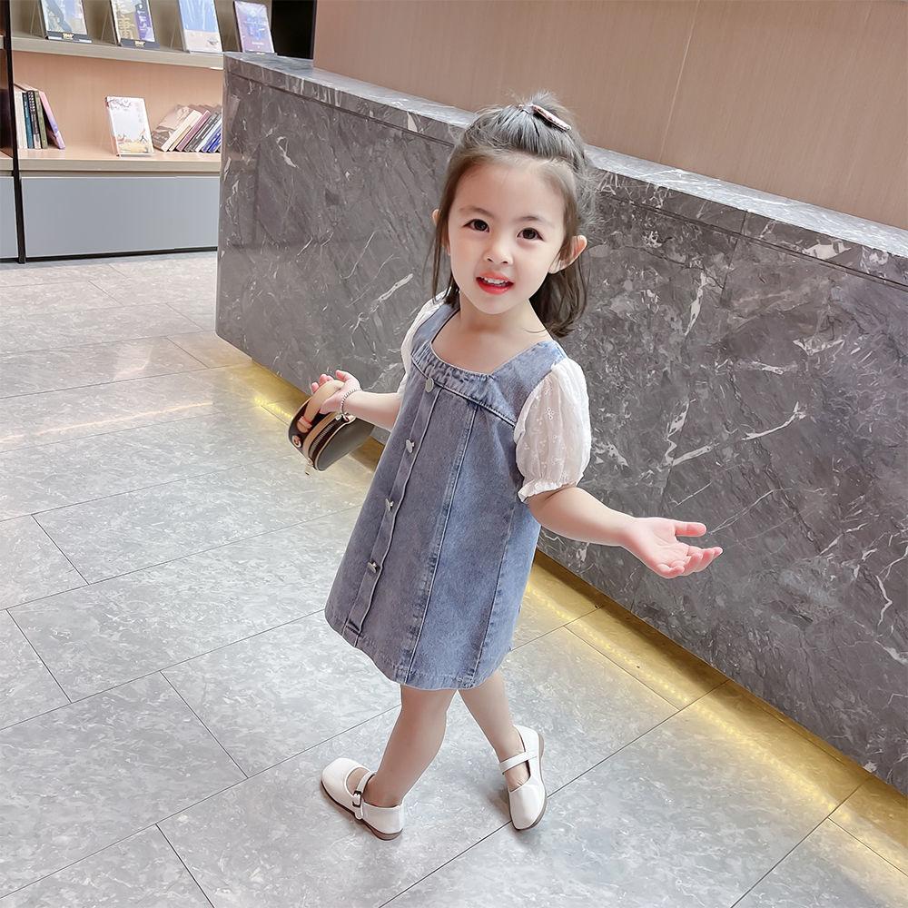 Children Dress Summer Girl's Denim Skirt with Strap Single Breasted Ruffle Short Sleeve Denim Skirt