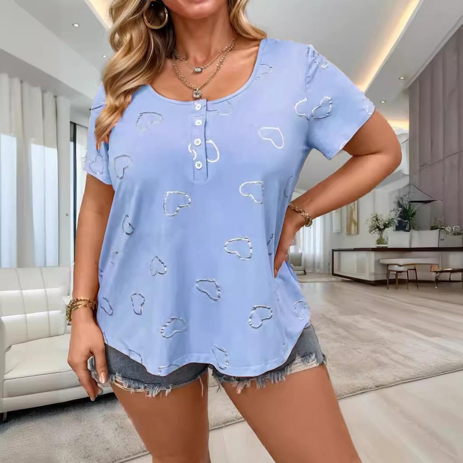 

Футболки для женщин, плиссированные, с R-образным вырезом, нарядные, повседневные, блузки с принтом, короткие рукава, летние топы, свободный крой L синий