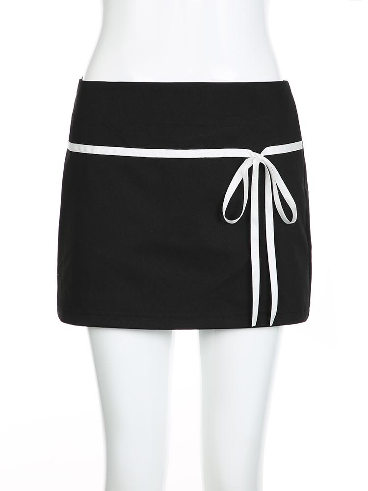 Sweet Basic Patchwork Bandage A-Line Skirt Casual Slim Low-Waisted Mini Skirts Women 2024 Summer Fashion Streetwear Lady