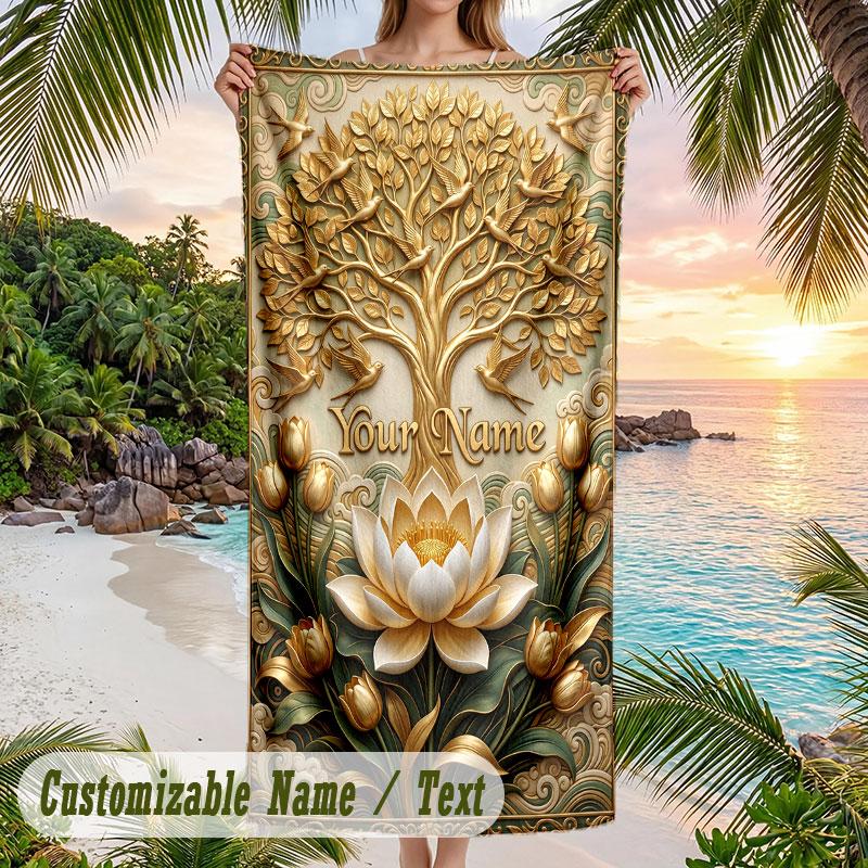 Tree Life Artwork 2 Theme Quick Dry Beach Towel Custom Name Text Print Large Sand Resistant Towel Beach Vacation