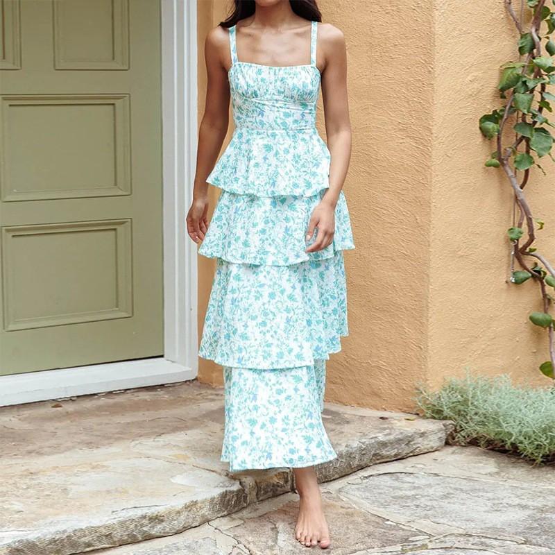 2026 Womens Floral Print Sleeveless High-Waist Tiered Midi Dress Vacation Casual Elegant Outfit