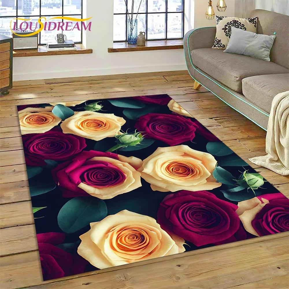 Růžové Květiny Severská Láska Romantický Koberec Kobereček do Ložnice Obývacího Pokoje Domácí Dekorace na Pohovku, Dětská Hra Velká Dekorativní Podložka na Podlahu