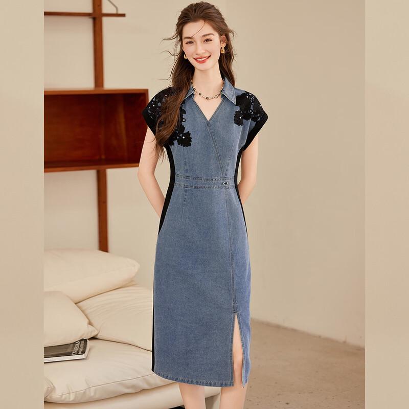 Bailuyu Color Block Lace Lapel Dress S