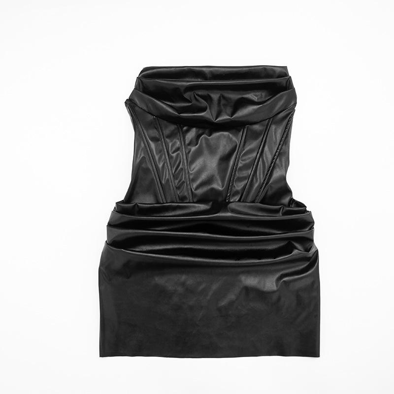 European & American Women's Sexy Strapless PU Leather Ruched A-line Dress