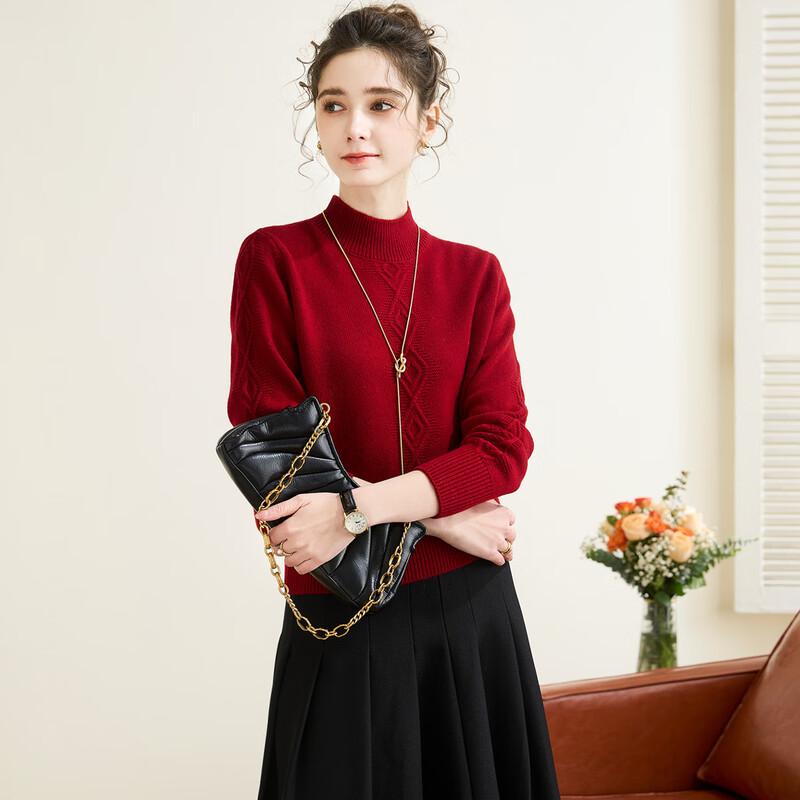 TUHUANG Women's Thick Merino Wool Diamond Half-High Collar Sweater TW431871