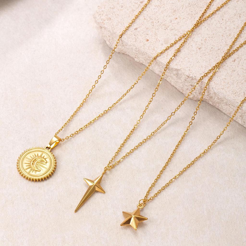 Titanium Steel Star & Moon Layered Necklace Set with Simple O-Shaped Chain