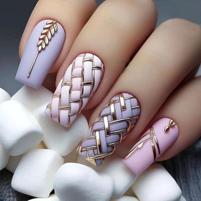 24 Stück Nagelpflaster zum Tragen von Nägeln, abnehmbares Nagelpflaster, quadratisch, mittellang und lang, mit Weizenähren-Karomuster