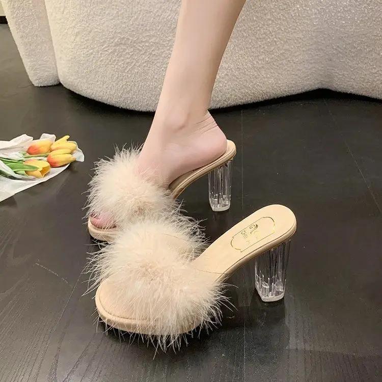 Fashion Fluffy Shoes Women's Slippers and Ladies Sandals Job Slides Heeled Sexy Furry Transparent Outside Open Toe Unique Easy Wears B Y