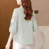 Women Summer Stand Collar Half Button Floral Embroidery Half Sleeve Casual Linen Blend Blouse