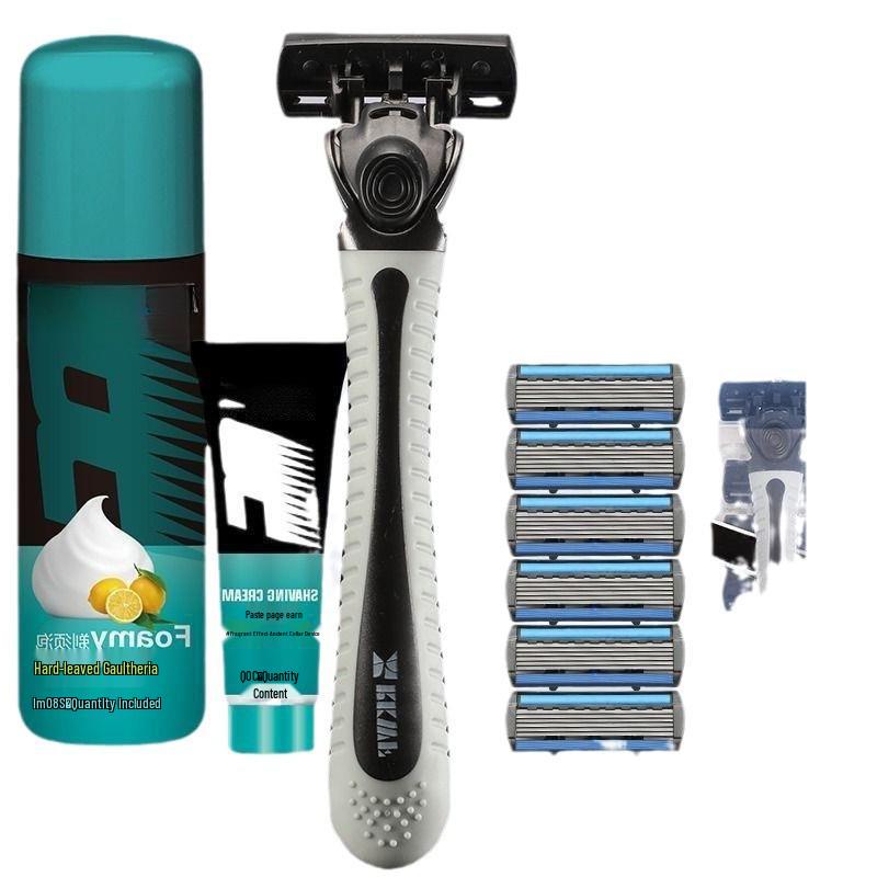 Six-Blade Manual Shaving Razor for Men with Old-Fashioned Design and Razor Holder