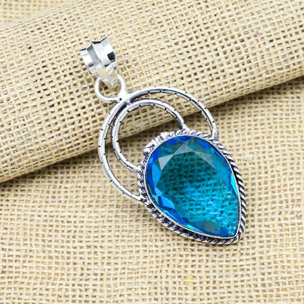 Funkelnder Blautopas Edelstein Handgefertigter 925 Massiv Sterlingsilber Schmuck Anhänger für Hochzeitsgeschenk
