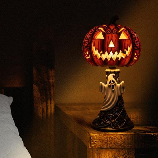 Halloween Pumpkin Light Resin Skeleton Ghost Witch Pumpkin Lantern Gothic Curved Pumpkin Night Light for Home Tabletop Desk Decor