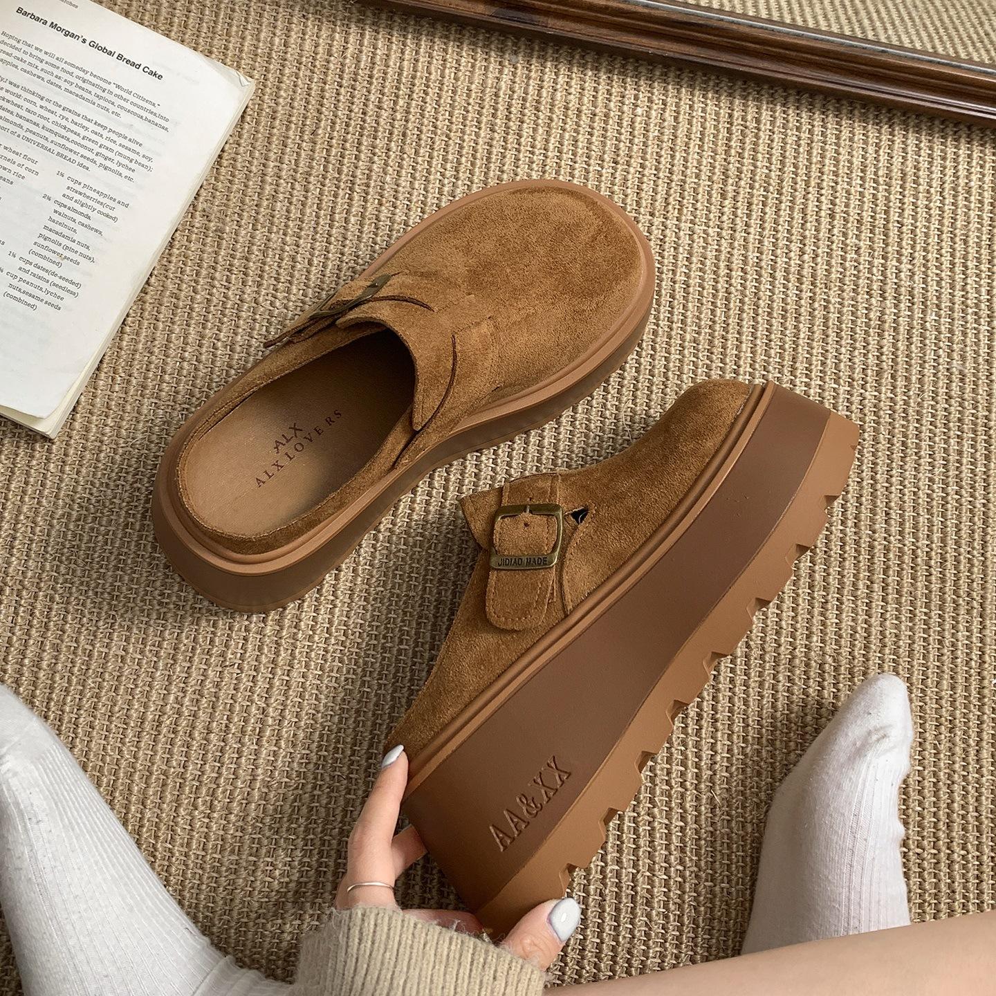

Popular brown thick-soled bag head slippers for women to wear in autumn with skirts to increase the height of non-slip Birkenstock half-drag 40