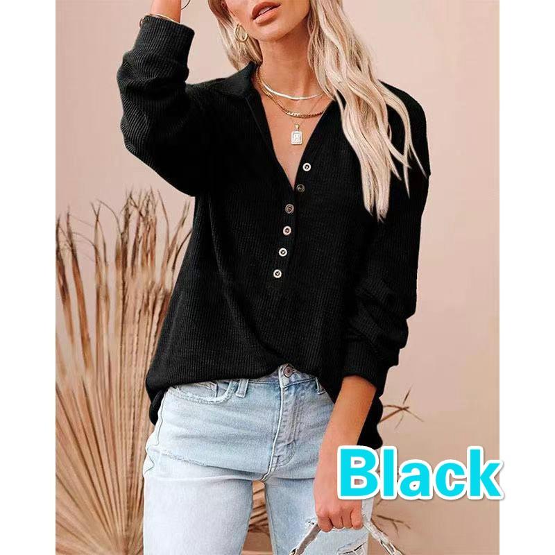 Mote T-skjorte for kvinner Høst Langermet Ensfarget V-hals Knapper Skjorter Casual Oversized Dame Topper