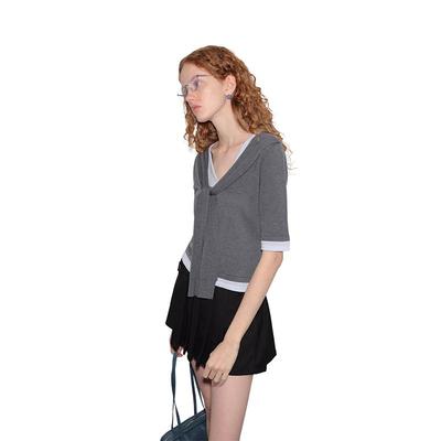 GREEN BELT Blusa Tricô Vintage Feminina com Gola Azul Marinho Falsa de Duas Peças