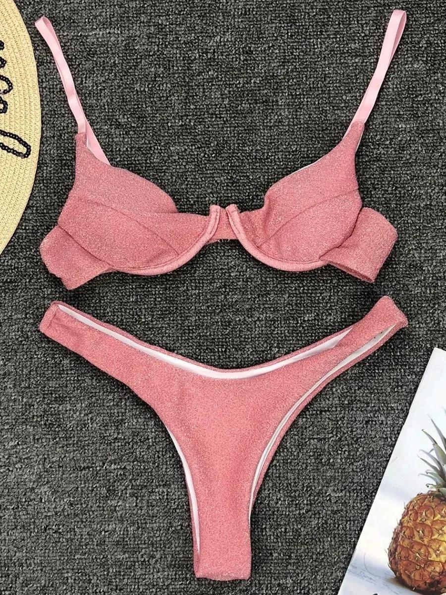 Glitter Shiny Underwired V-Bar Bikini Women Swimsuit Female Brazilian Swimwear Two-piece Bikini Set Triangle Bathing Suit Swim S