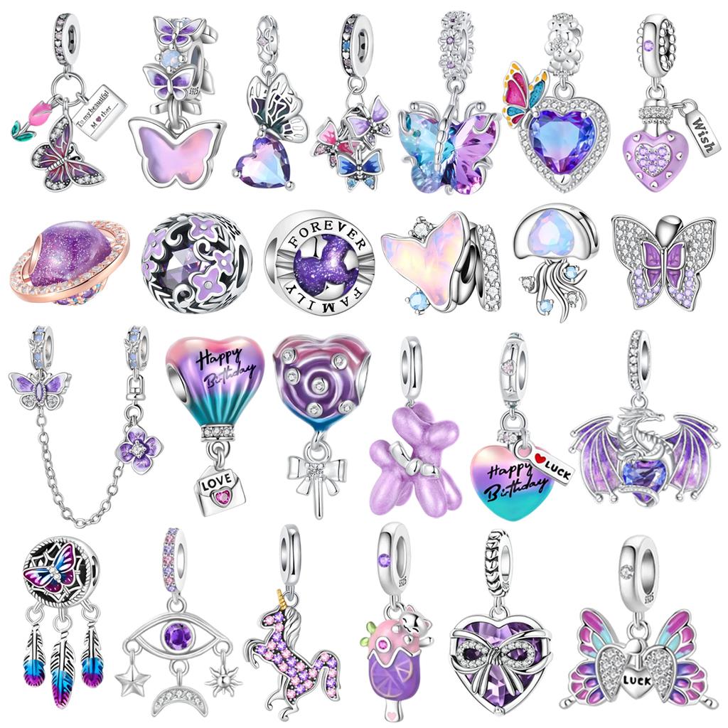 Sparkling Purple Charms 925 Silver Jellyfish Birthday Pendant Bead Compatible Original Bracelet DIY Jewelry Accessories