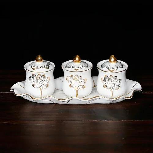 Chinese ceramic Guanyin water supply cup, three supply cups, Buddha cup offering ornaments feng shui  Buddhism